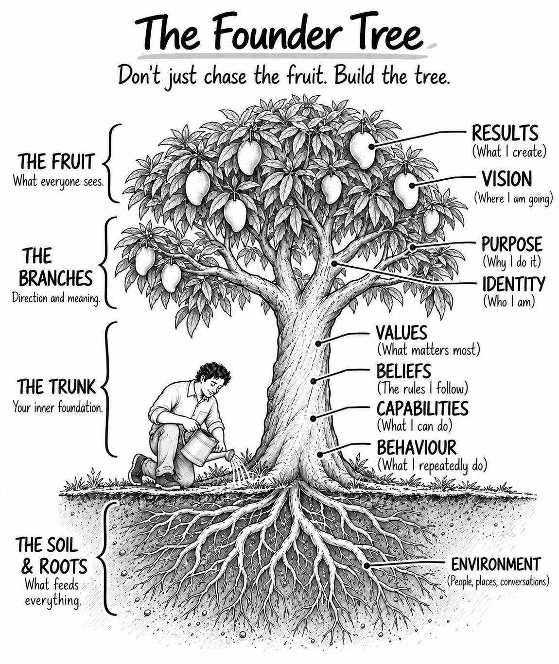 The Founder Tree illustration showing visible fruit above ground and hidden root layers below