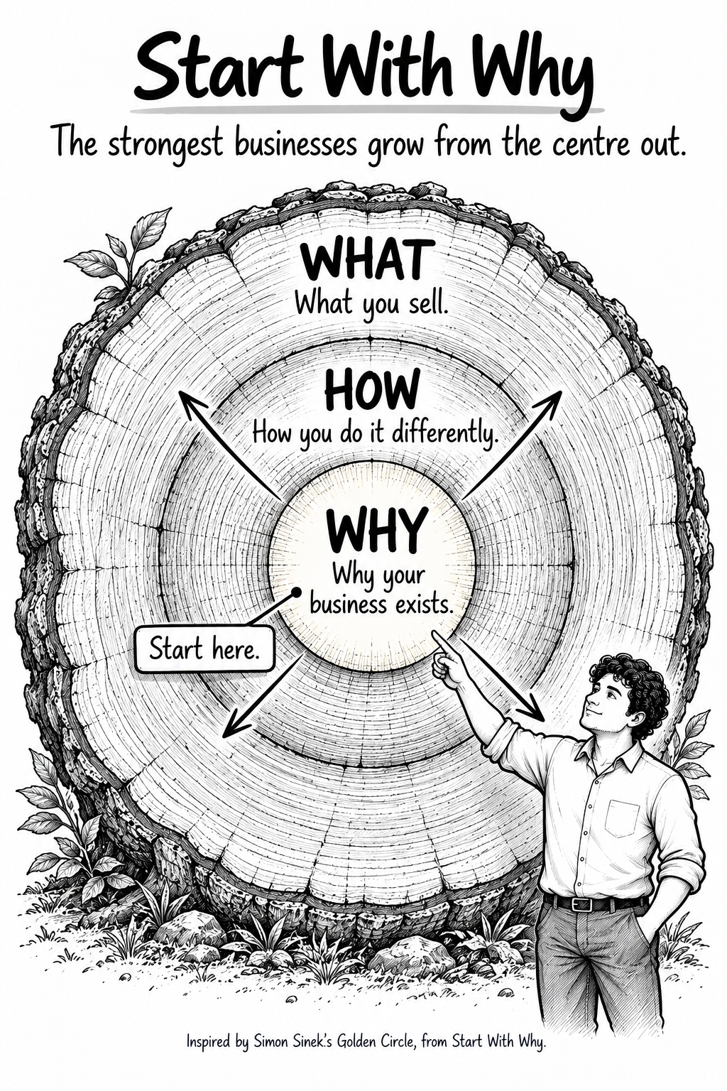 Start With Why illustration showing why, how and what